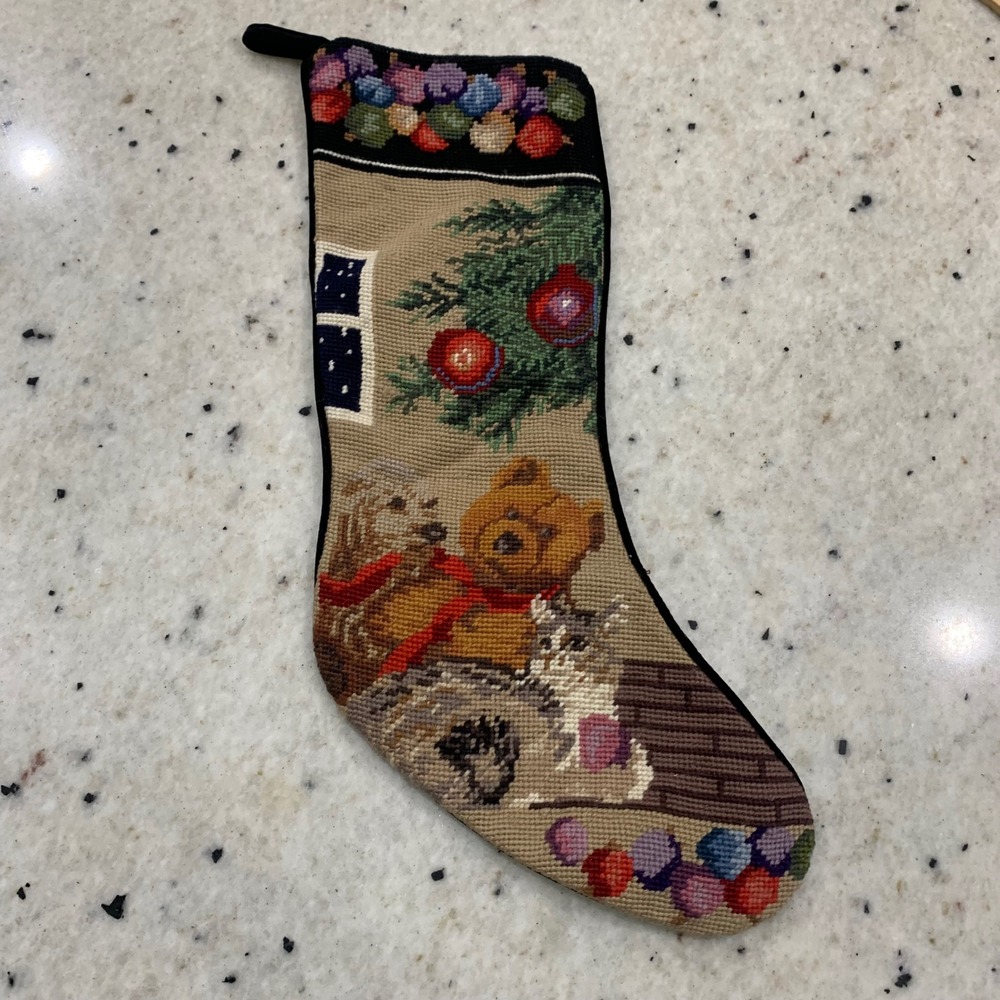 Vintage Needlepoint Christmas Stocking Teddy Bear Kitten Wool Velvet Black Back‎